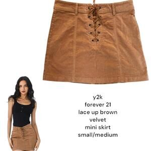y2k 2000's vtg. forever 21 tan lace up mini velvet skirt small- medium